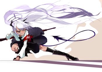 1girl absurdres armband black_boots black_necktie black_ribbon black_skirt black_socks blue_archive bolt_action boots clothes_lift collared_shirt commentary_request dark-skinned_female dark_skin demon_girl demon_tail dust_cloud floating_hair full_body grey_hair gun hair_ribbon halo hand_on_ground high_heel_boots high_heels highres holding holding_behind_back holding_gun holding_weapon holding_weapon_behind_back iori_(blue_archive) knee_boots kneehighs korean_commentary long_hair long_sleeves mauser_98 nasipeuran necktie outstretched_leg parted_lips pointy_ears purple_halo red_armband red_eyes ribbon rifle serious shirt skirt skirt_lift socks solo squatting tail twintails v-shaped_eyebrows very_long_hair weapon white_shirt