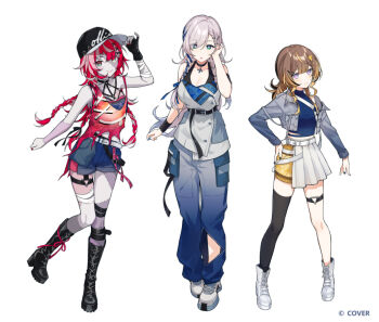 3girls anya_melfissa arm_strap arm_up baseball_cap belt black_gloves black_hat black_thighhighs blonde_hair blue_eyes blue_hair blue_jacket blue_nails blue_pants blue_shirt blue_shorts blue_tube_top blunt_ends boots bow braid braided_bangs braided_sidelock breasts brown_hair buttons cargo_pants center-flap_bangs character_name chest_harness cleavage clenched_hand closed_mouth clothing_cutout colored_skin commentary company_name copyright_notice cropped_jacket cropped_shirt denim denim_jacket diamond-shaped_pupils diamond_(shape) english_commentary fingerless_gloves full_body gloves gradient_eyes gradient_hair green_eyes grey_hair grey_jacket grey_skin grin hair_bow hair_ornament hair_over_one_eye hair_ribbon hairclip half-skirt hand_on_own_hip hand_up harness hat headset heterochromia hololive hololive_indonesia holoro jacket knee_boots kureiji_ollie lace-up_boots large_breasts leg_cutout lineup long_hair long_sidelocks looking_at_viewer midriff midriff_peek miniskirt mismatched_pupils multicolored_eyes multicolored_hair multicolored_skin multiple_girls nail_polish navel o-ring o-ring_thigh_strap official_alternate_costume official_alternate_hairstyle official_art overskirt pants parted_lips patchwork_skin pavolia_reine pencil_skirt pink_hair platform_boots pleated_skirt purple_eyes purple_skin puunyannyan red_eyes red_hair red_nails red_tank_top ribbon shirt shoes short_shorts shorts side_braids sidelocks simple_background single_glove single_off_shoulder single_thighhigh skirt sleeveless sleeveless_jacket smile sneakers standing stitched_arm stitched_face stitched_leg stitched_torso stitches straight-on strap_slip strapless streaked_hair swept_bangs symbol-shaped_pupils tank_top teeth thigh_strap thighhighs torn_clothes torn_tank_top tube_top v virtual_youtuber white_background white_belt white_boots white_eyes white_shoes white_skirt x-shaped_pupils x_hair_ornament yellow_skirt zombie