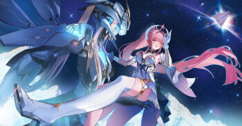 Rule 34 | 1girl, absurdres, aemeath (wuthering waves), asymmetrical footwear, blush, boots, breasts, chinese commentary, commentary request, elbow gloves, exostrider (wuthering waves), gloves, high heel boots, high heels, highres, incredibly absurdres, knee boots, leotard, long hair, mecha, medium breasts, open mouth, orange eyes, pink hair, ponytail, robot, single knee boot, skirt, smile, space, star-shaped pupils, star (symbol), symbol-shaped pupils, thighs, uneven footwear, white boots, white gloves, white leotard, white skirt, wuthering waves, yuhezi