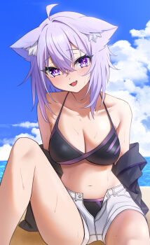 1girl animal_ears bikini bikini_bottom_under_shorts bikini_under_clothes black_bikini black_jacket blush breasts cat_ears cat_girl cleavage collarbone commentary_request feet_out_of_frame highres hololive jacket looking_at_viewer medium_breasts navel nekomata_okayu open_clothes open_jacket open_mouth purple_eyes purple_hair short_shorts shorts sitting smile solo stomach swimsuit tenpa_illust virtual_youtuber white_shorts