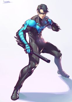 1boy batman_(series) baton black_hair bodysuit closed_mouth dc_comics dick_grayson domino_mask escrima_stick eye_mask fighting_stance full_body grey_background highres holding holding_weapon kotatsu_(g-rough) legs_apart male_focus mask muscular nightwing signature skin_tight solo spikes standing weapon