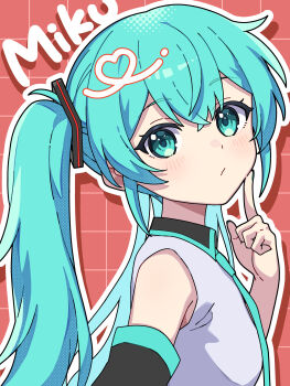 1girl absurdres bare_shoulders black_sleeves blue_eyes blue_hair blue_necktie blush character_name closed_mouth collared_shirt commentary_request crossed_bangs detached_sleeves double-parted_bangs drop_shadow grey_shirt grid_background hair_between_eyes hand_up hatsune_miku highres long_hair looking_at_viewer miz_(mizillustration) necktie outline red_background shirt sleeveless sleeveless_shirt solo twintails upper_body vocaloid white_outline