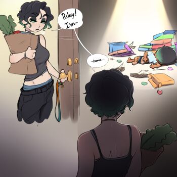 2girls ass bag bare_arms bare_shoulders black_hair black_pants black_shirt book breasts carton chris_(pudgeruffian) english_text food green_eyes highres holding holding_bag multicolored_hair multiple_girls navel open_door original panties pants piercing pudgeruffian riley_fairfeather shirt short_hair shorts speech_bubble two-tone_hair underwear