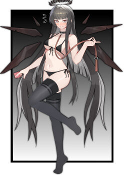 1girl absurdres arknights belt_collar bikini black_bikini black_eyes black_halo black_thighhighs black_wings blush border breasts chinese_commentary collar commentary_request condom detached_wings gradient_background halo highres holding holding_condom holding_own_leash medium_breasts mole mole_under_eye muusn navel stomach swimsuit thighhighs thighs virtuosa_(arknights) white_border wings