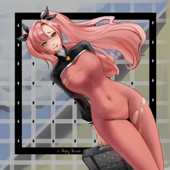 1girl absurdres alice_(nikke) alice_(nikke)_(cosplay) alternate_costume black_ribbon black_shrug bodysuit breasts commentary cosplay covered_navel cowboy_shot dutch_angle english_commentary goddess_of_victory:_nikke green_eyes grey_background happyhornet highres holding holding_suitcase large_breasts long_hair looking_at_viewer mole mole_under_eye nicole_demara pink_bodysuit pink_hair ribbon shrug_(clothing) solo suitcase tongue tongue_out torn_bodysuit torn_clothes two_side_up zenless_zone_zero
