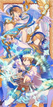 1boy absurdres aqua_eyes armpits bare_shoulders beret black_hair bow_(weapon) braid bridal_gauntlets brown_corset brown_scarf cape cecilia_flower_(genshin_impact) closed_mouth commentary_request corset crop_top daybreak_chronicles_(genshin_impact) elegy_for_the_end_(genshin_impact) feathered_wings flower genshin_impact gradient_hair green_hat green_shorts groin hair_between_eyes hat hat_flower highres holding holding_bow_(weapon) holding_weapon hood long_sleeves looking_at_viewer male_focus midriff multicolored_hair nameless_bard_(genshin_impact) navel official_alternate_costume open_mouth pantyhose sainome_(imveryfinethx) scarf shirt short_hair shorts side_braids skyward_harp_(genshin_impact) smile twin_braids venti_(archon)_(genshin_impact) venti_(genshin_impact) weapon white_bridal_gauntlets white_flower white_pantyhose white_shirt white_wings wings