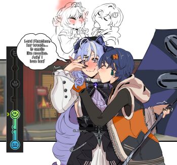 2girls absurdres belle_(zenless_zone_zero) blue_hair blush hair_ornament hasn&#039;t_kissed_anyone_ever_vs_expecting_a_kiss_with_tongue_(meme) highres holding holding_umbrella kiss kissing_neck letter_hair_ornament meme mole mole_under_eye multiple_girls purple_hair short_hair trembling twitter_strip_game_parody umbrella vivian_banshee wavy_mouth yuri zanqi zenless_zone_zero