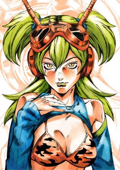 1girl absurdres alternate_color araki_hirohiko_(style) arm_up bikini bikini_top_only blue_sleeves body_freckles breasts brown_eyes brown_lips camouflage camouflage_bikini cleavage commentary detached_sleeves english_commentary freckles goggles goggles_on_head green_hair hair_between_eyes hand_on_own_chest headphones highres lips lipstick long_hair looking_at_viewer makeup medium_breasts nifast_(greentail) orange_bikini original parody shoulder_freckles smile solo style_parody swimsuit truck_(nifast_(greentail)) two_side_up upper_body white_background