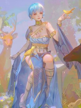 1girl animal armlet bare_shoulders belt bird blue_dress blue_hair bracelet braid breasts brown_eyes cleavage crown_braid dancer dancer_(fire_emblem:_three_houses) deer dress earrings fire_emblem fire_emblem:_three_houses fire_emblem_heroes gladiator_sandals gold_belt highres irisli0224 jewelry looking_at_viewer marianne_von_edmund marianne_von_edmund_(serene_adherent) marianne_von_edmund_(timeskip) medium_breasts nintendo official_alternate_costume pelvic_curtain rabbit sandals short_hair single-shoulder_dress smile solo thighlet