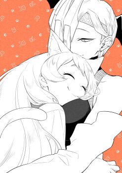 Rule 34 | 10s, 2girls, age difference, animal ears, animal print, bare shoulders, blush, boku no hero academia, breast smother, breasts, cat ears, cat girl, cat tail, closed eyes, closed mouth, dragon girl, ear piercing, elbow gloves, face to breasts, gloves, hado nejire, hair over one eye, half-closed eyes, happy, head wings, headband, hug, long hair, looking at another, looking down, maneki-neko (fujifuji), monochrome, multiple girls, one eye covered, paw print, piercing, rabbit print, ryuukyuu, short hair, sleeveless, slit pupils, smile, tail, tatsuma ryuuko, very long hair, wings