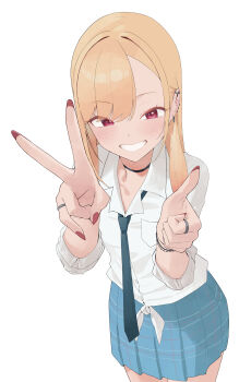 1girl absurdres blonde_hair blue_skirt breasts collarbone commentary cowboy_shot eyelashes highres kitagawa_marin long_hair nmm parted_lips pleated_skirt red_eyes shirt simple_background skirt smile solo sono_bisque_doll_wa_koi_wo_suru thumbs_up v white_background white_shirt