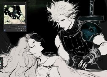 Rule 34 | 1boy, 1girl, 547v1, aerith gainsborough, amano yoshitaka (style), armor, art program in frame, black background, black lips, black shirt, blonde hair, breasts, brown hair, cleavage, cloud strife, final fantasy, final fantasy vii, long hair, looking at another, medium breasts, parted bangs, pauldrons, reference inset, shirt, short hair, shoulder armor, single bare shoulder, single pauldron, sleeveless, sleeveless turtleneck, sword, sword on back, turtleneck, weapon, weapon on back