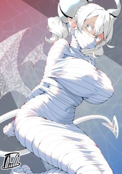 1girl absurdres arms_behind_back breasts crying crying_with_eyes_open demon_girl demon_horns demon_tail demon_wings duel_monster grey_eyes grey_hair highres horns kneeling large_breasts looking_at_viewer lovely_labrynth_of_the_silver_castle mummification_(bound) signature solo tail tama_amata tears wings yu-gi-oh!