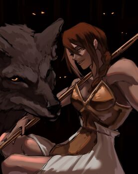 1girl absurdres animal armor braid breasts brown_hair cleavage commentary dark-skinned_female dark_skin dress effie_(shadow_slave) english_commentary feet_out_of_frame glowing glowing_eyes grin hair_between_eyes head_tilt highres jiejiepen looking_at_viewer muscular muscular_female oversized_animal parted_lips pelvic_curtain polearm shadow_slave sidelocks sitting smile spear too_many_eyes weapon white_dress wolf yellow_eyes