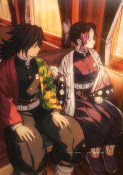1boy 1girl absurdres animal_print belt black_hair black_jacket black_pants breasts butterfly_hair_ornament butterfly_print butterfly_print_haori curtains demon_slayer_uniform gold_buttons hair_between_eyes hair_ornament hakama hakama_pants hand_on_another&#039;s_shoulder haori highres jacket japanese_clothes kimetsu_no_yaiba kochou_shinobu long_hair low_ponytail medium_breasts niku_(ni23ku) pants parted_bangs parted_lips ponytail print_haori purple_hair sandals sidelocks sitting tabi tomioka_giyuu train_interior upper_body white_belt window