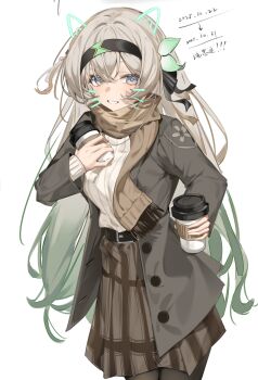 1girl animal_ears black_hairband black_pantyhose black_ribbon blush brown_scarf brown_skirt cat_ears coat commentary_request cup drawn_whiskers firefly_(honkai:_star_rail) green_pupils grey_coat grey_hair hair_between_eyes hair_intakes hair_ornament hair_ribbon hairband highres holding holding_cup honkai:_star_rail honkai_(series) long_hair multicolored_eyes open_clothes open_coat open_mouth pantyhose pleated_skirt ribbon scarf simple_background skirt smile solo sweater teeth user_rcnn8484 white_background white_sweater
