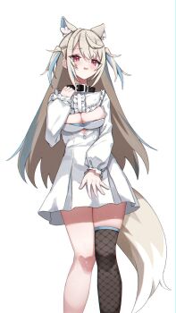 1girl animal_collar animal_ears bib_collar black_collar blonde_hair blue_hairband blue_streaks breasts cleavage cleavage_cutout clothing_cutout collar crossed_bangs cutout_above_navel dog_ears dog_girl dog_tail double-parted_bangs dress extra_ears fake_horns fishnet_thighhighs fishnets frilled_shirt_collar frilled_sleeves frills fuwawa_abyssgard fuwawa_abyssgard_(1st_costume) hair_between_eyes hairband hand_up highres hololive hololive_english horn_hairband horns large_breasts long_hair long_sleeves looking_at_viewer multicolored_hair open_mouth pink_eyes short_dress simple_background single_thighhigh skaarl_(artist) solo streaked_hair tail thighhighs two_side_up virtual_youtuber white_background white_dress