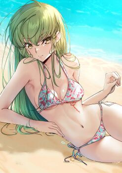 absurdres beach bikini budgiepon c.c. code_geass green_hair highres long_hair looking_at_viewer lying on_side petite sand scar smile swimsuit water yellow_eyes