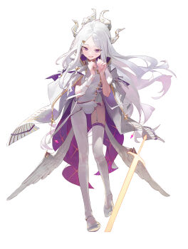 1girl ahoge alternate_costume blue_archive breasts demon_girl demon_horns energy_sword full_body garter_straps highres hina_(blue_archive) horns leotard long_hair low_wings modare multiple_horns open_mouth pantyhose parted_bangs purple_eyes purple_garter_straps simple_background small_breasts solo sword thighhighs weapon white_background white_hair white_horns white_leotard white_pantyhose white_thighhighs white_wings wings