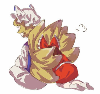 2girls animal_ears black_hair blonde_hair blue_tabard bow fox_ears fox_tail frilled_bow frills hair_bow hakurei_reimu kitsune multiple_girls multiple_tails oftooon puff_of_air red_bow red_shirt robe shirt short_hair simple_background sitting socks tabard tail touhou white_background white_robe white_socks yakumo_ran