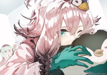 2girls arichi_(ariarikiwami) arknights black_vest blue_eyes blush braid commentary_request gloves green_gloves hat highres istina_(arknights) long_hair may_(arknights) multiple_girls one_eye_closed penguin_hat pink_hair shirt solo_focus stuffed_animal stuffed_penguin stuffed_toy twitter_username vest white_shirt