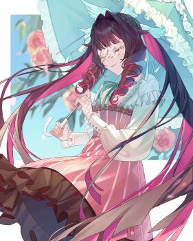 1girl absurdres alternate_costume alternate_hairstyle asagihisui black_hair closed_eyes closed_mouth colored_inner_hair columbina_(genshin_impact) commentary dress drill_hair drill_sidelocks eye_mask flower frilled_dress frilled_sleeves frilled_umbrella frills genshin_impact gloves green_ribbon hair_intakes hair_ornament head_wings highres holding holding_umbrella lace lace_gloves long_hair long_sleeves mask multicolored_hair parasol pink_hair puffy_long_sleeves puffy_sleeves ribbon see-through_clothes see-through_mask sidelocks smile solo striped_clothes striped_dress twintails two-tone_hair umbrella vertical-striped_clothes vertical-striped_dress very_long_hair wing_hair_ornament wings