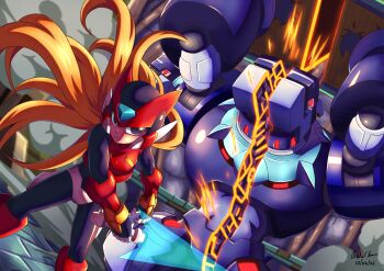 Rule 34 | 1boy, absurdres, armor, battle, black eyes, blonde hair, commentary, energy sword, english commentary, forehead jewel, helmet, highres, holding, holding sword, holding weapon, innovator123, long hair, mega man (series), mega man zero (series), non-humanoid robot, red armor, red helmet, robot, robot animal, standing, sword, tretista kelverian (mega man), weapon, z saber
