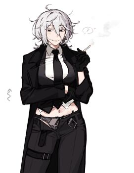 1girl ? absurdres belt black_coat black_eyes black_gloves black_pants blazer coat commentary english_commentary gloves highres jacket jericho_(wabuwabu_05) lace lace-trimmed_panties lace_trim looking_at_viewer messy_hair midriff necktie open_belt original panties pants partially_unzipped shirt smile smoking stomach thigh_strap underwear wabuwabu_05 white_hair white_shirt