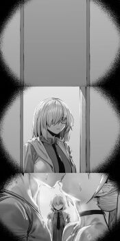 1boy 2girls breasts choker collarbone collared_shirt comic cuckquean fate/grand_order fate_(series) french_kiss fujimaru_ritsuka_(male) glasses greyscale hair_over_one_eye highres hxd kiss lilith_(fate) lilith_(second_ascension)_(fate) mash_kyrielight medium_hair monochrome multiple_girls necktie pointy_ears shirt silent_comic sweat unamused walk-in
