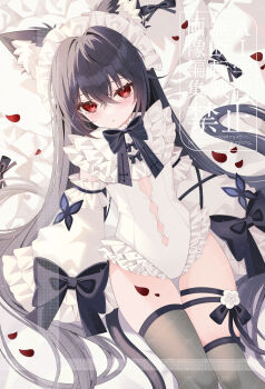 1girl absurdres animal_ear_fluff animal_ears asymmetrical_legwear black_bow black_hair black_ribbon black_thighhighs bow bowtie cat_ears cat_tail commission cowboy_shot crossed_bangs detached_sleeves frilled_leotard frilled_sleeves frills hair_spread_out hashtag-only_commentary highres kiriii leg_ribbon leotard long_hair long_sleeves looking_at_viewer maid_headdress original petals pillow red_eyes red_petals ribbon sleeves_past_fingers sleeves_past_wrists solo tail thigh_ribbon thighhighs very_long_hair vgen_commission watermark watermark_grid white_leotard