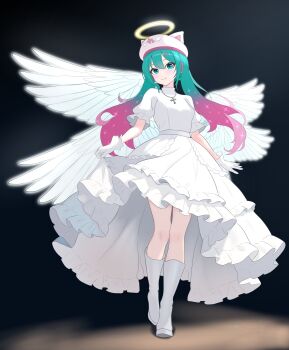 1girl absurdres angel angel_wings animal_hat aqua_eyes aqua_hair breasts cat_hat commentary_request cross cross_necklace dress fortnite futatunoniji gloves gradient_hair halo hat hatsune_miku headset highres jewelry long_hair multicolored_hair necklace neko_hatsune_miku pink_hair pink_hat shoes solo twintails white_dress white_gloves white_shoes white_wings wings