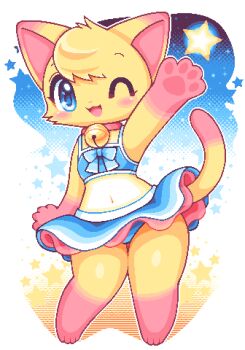 1girl :3 animal_ears animal_feet animal_hands bell bikini blue_bikini blue_eyes blush bow cat_ears cat_girl cat_tail collar commentary_request furry furry_female jaggy_lines jingle_bell looking_at_viewer lowres oekaki one_eye_closed original pear-shaped_figure smile solo star_(symbol) swimsuit tail takiune waving yellow_fur