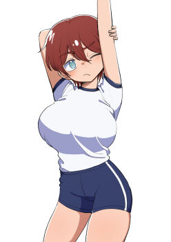 1girl arm_up blue_shorts breasts brown_hair commentary_request gouhourairaku_(goohourairaku) gym_uniform hair_between_eyes highres large_breasts light_frown looking_at_viewer one_eye_closed original shirt shorts simple_background solo standing stretching tomboy white_background white_shirt