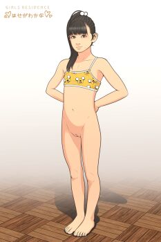 1girl adventure_time arms_behind_back basketweave bikini bikini_top_only black_eyes black_hair bottomless character_name character_print cleft_of_venus facing_viewer female_focus flat_chest full_body girls_residence hair_bobbles hair_ornament hair_over_shoulder high_ponytail highres jake_the_dog loli long_hair looking_at_viewer matching_hair/eyes model mole mole_under_mouth original ponytail pussy shinchou_ni_kansuru_kousatsu simple_background solo standing swimsuit tagme translated uncensored white_background wooden_floor