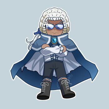 Rule 34 | 1boy, black boots, black pants, blue background, blue cape, blue ribbon, boots, brooch, cape, catovyen, center frills, classicaloid, closed mouth, crossed arms, facial hair, frills, full body, glint, goatee stubble, highres, jewelry, johann sebastian bach (classicaloid), male focus, mustache stubble, pants, ponytail, powdered wig, ribbon, shirt, simple background, solo, stubble, sunglasses, tan, white shirt, wig