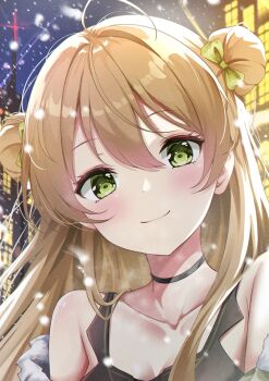 Rule 34 | 1girl, absurdres, ahoge, aizawa (aizawatsu), bare shoulders, black choker, blonde hair, blush, bow, building, choker, closed mouth, collarbone, commentary, double-parted bangs, double bun, girls' frontline, green bow, green eyes, hair between eyes, hair bow, hair bun, highres, long hair, looking at viewer, outdoors, portrait, rfb (girls' frontline), snowing