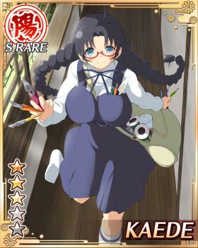 1girl ahoge art_supplies bag belt black_hair blue_dress blue_eyes border braid braided_twintails breasts card_(medium) cleavage closed_mouth dress english_text game_cg holding holding_pen indoors kaede_(senran_kagura) large_breasts long_hair long_sleeves low_twintails non-web_source official_alternate_costume official_art paper pen red-framed_eyewear running senran_kagura senran_kagura_new_wave shirt shoulder_bag smile socks solo twintails white_shirt white_socks