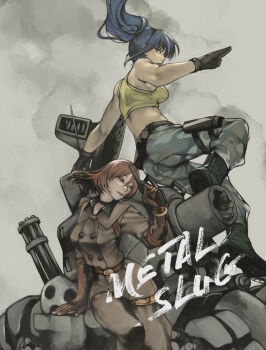 2girls bare_shoulders blue_eyes blue_hair boots bracelet brown_eyes brown_hair choker combat_boots crop_top desert_eagle elbow_gloves gloves gun handgun highres holding ikari_warriors jewelry leona_heidern metal_slug midriff military military_uniform military_vehicle motor_vehicle multiple_girls nyami ponytail short_hair sleeveless sv001_(metal_slug) tank tank_top the_king_of_fighters weapon whip_(kof) yellow_tank_top