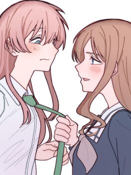 2girls absurdres bang_dream! bang_dream!_it&#039;s_mygo!!!!! blue_eyes blue_shirt blush brown_hair chihaya_anon clothes_grab commentary green_necktie grey_eyes grey_neckerchief haneoka_school_uniform highres long_hair multiple_girls nagasaki_soyo neckerchief necktie necktie_grab neckwear_grab parted_lips pink_hair sailor_collar school_uniform shibadooog shirt simple_background sweat tsukinomori_school_uniform white_background white_sailor_collar yuri