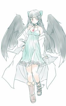 Rule 34 | 1girl, alternate costume, asymmetrical legwear, black hair, black wings, boots, bow, breasts, brown boots, commentary request, dress, feathered wings, gladiator sandals, green bow, green dress, hair bow, hand on own hip, jacket, knees, light smile, long hair, medium breasts, orange eyes, rangycrow, reiuji utsuho, sandals, sideways glance, sketch, solo, split mouth, sundress, third eye on chest, touhou, white background, white jacket, wings