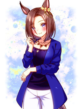 1girl air_groove_(casual)_(umamusume) air_groove_(umamusume) animal_ears blue_eyes blue_jacket blue_shirt blush bow breasts brown_hair casual cleavage collarbone ear_bow highres horse_ears horse_girl horse_tail jacket jewelry looking_at_viewer medium_breasts necklace open_clothes open_jacket pants parted_lips shirt short_hair smile sugimotty_nova tail umamusume white_pants yellow_bow