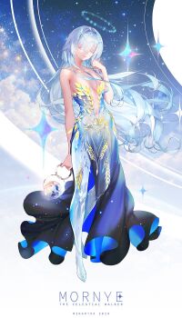 1girl alternate_costume artist_name bare_shoulders blue_dress breasts character_name collarbone colored_eyelashes commentary dated dress english_text full_body grey_hair hair_intakes halo hand_up highres holding ina_(mikamixx) long_hair looking_at_viewer medium_breasts mornye_(wuthering_waves) navel red_eyes see-through_body sky solo star_(sky) starry_sky stomach strapless strapless_dress title very_long_hair wuthering_waves