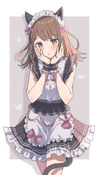 1girl animal_ears apron bare_arms bare_legs beads black_skirt border braid brown_hair cat_ears cat_tail chain closed_mouth cowboy_shot crossed_legs dot_nose double_horizontal_stripe eyelashes fingernails fish_background frilled_apron frilled_cuffs frilled_skirt frills furrowed_brow ganbaru_anata_ni_break_time!_(project_sekai) grey_background grey_eyes hair_ribbon hanasato_minori hands_on_own_cheeks hands_on_own_face hands_up head_tilt heart heart_background highres keseranpasaraa light_blush looking_at_viewer maid_headdress medium_hair paw_print paw_print_background pink_nails pink_ribbon project_sekai ribbon shadow skirt sleeveless solo square swept_bangs tail waist_apron white_apron white_border wrist_cuffs