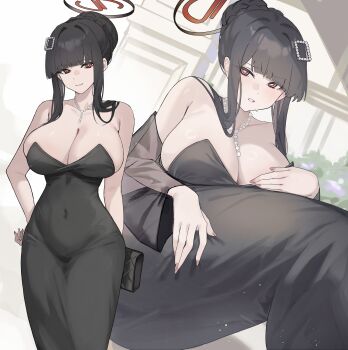 1girl absurdres bag bare_shoulders bead_necklace beads black_dress black_hair blue_archive blunt_bangs blush breasts cleavage clutch_purse covered_navel dress hair_bun hair_ornament halo hand_on_own_hip handbag highres jewelry kevinlim39 large_breasts long_hair looking_at_viewer multiple_views necklace parted_lips red_eyes ring ringed_eyes rio_(blue_archive) smile sweat