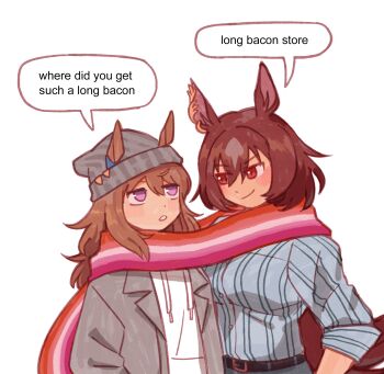 2girls animal_ears beanie belt bisexual_flag blush breasts brown_hair casual closed_mouth ear_ornament ears_through_headwear english_text grey_hat grey_jacket hair_between_eyes happycricketbox hat highres hood hoodie horse_ears horse_girl jacket lesbian_flag lesbian_flag_print lesbian_visibility_week long_bacon_store_(meme) long_hair long_sleeves looking_at_viewer meme multicolored_hair multiple_girls nakayama_festa_(casual)_(umamusume) nakayama_festa_(umamusume) open_clothes open_jacket open_mouth pants print_scarf purple_eyes red_eyes scarf shared_clothes shared_scarf shirt simple_background sirius_symboli_(casual)_(umamusume) sirius_symboli_(umamusume) smile speech_bubble streaked_hair striped_clothes striped_scarf striped_shirt tail umamusume upper_body vertical-striped_clothes vertical-striped_shirt white_background white_hair white_hoodie yuri