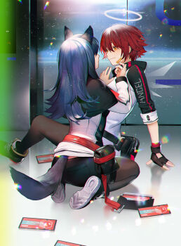 2girls animal_ears arknights bandaid bandaid_on_cheek bandaid_on_face belt_pouch black_capelet black_gloves black_pantyhose black_shorts blue_hair capelet chinese_commentary commentary_request detached_wings energy_wings exusiai_(arknights) eye_contact facing_away fingerless_gloves flipped_hair from_behind from_side gloves halo highres hood hood_down hooded_jacket jacket legs_folded light_particles long_hair looking_at_another multicolored_jacket multiple_girls orange_eyes pantyhose pantyhose_under_shorts penguin_logistics_logo pouch red_hair seiza shoe_soles short_hair short_shorts shorts sitting tail texas_(arknights) traditional_halo two-tone_jacket white_halo white_jacket wings wolf_ears wolf_girl wolf_tail yin2000 yuri