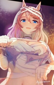 1girl animal_ears bandage_on_hair bandaged_arm bandaged_hand bandaged_head bandaged_torso bandages bandeau blue_eyes blush breasts brown_hair from_below hair_between_eyes halloween halloween_costume highres horse_ears horse_girl horse_tail large_breasts long_hair looking_at_viewer mummy_costume navel official_alternate_costume open_mouth orusun purple_bandeau smile solo stomach super_creek_(chiffon-wrapped_mummy)_(umamusume) super_creek_(umamusume) tail torn_bandages torn_bandeau umamusume very_long_hair