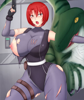 1girl alternate_breast_size_(larger) bare_shoulders biting black_leotard blood bodysuit breasts brown_eyes capcom covered_collarbone dino_crisis dinosaur elbow_gloves fingerless_gloves gloves grey_bodysuit grey_gloves gun hand_up handgun holding holding_gun holding_weapon huge_breasts indoors leotard looking_at_another looking_to_the_side medium_hair nipples open_mouth red_hair ref_np111 regina_(dino_crisis) scratches sleeveless sleeveless_bodysuit solo_focus standing torn_bodysuit torn_clothes torn_gloves torn_leotard variant_set weapon wide_hips