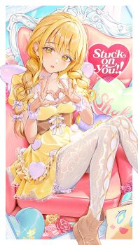 1girl blonde_hair blush braid breasts brown_shoes chair choker collarbone commentary_request dress easy_chair english_text fairy_wings fake_wings flower fujita_kotone gakuen_idolmaster heart heart_choker heart_hands highres idolmaster kainown looking_at_viewer medium_breasts on_chair open_mouth pantyhose patterned_clothing pillow shoes short_dress short_sleeves sitting solo thigh_strap twin_braids white_pantyhose wings wrist_cuffs yellow_dress yellow_eyes