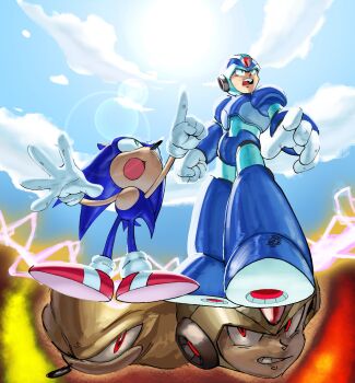 2boys android animal_ears animal_nose armor blue_armor blue_bodysuit blue_boots blue_fur blue_helmet blue_sky bodysuit boots breastplate clenched_teeth close-up cloud cloudy_sky forehead_jewel from_below frown full_body furry furry_male gem gloves gold_armor gold_helmet green_eyes hands_up head_only hedgehog_boy helmet highres index_finger_raised knee_boots large_hands looking_at_viewer looking_up male_focus mega_man_(series) mega_man_x_(series) multiple_boys multiple_views open_mouth outdoors pointing pointing_up red_eyes red_gemstone red_shoes robot shoes short_tail sky sonic_(series) sonic_the_hedgehog split_screen standing sun_glare super_sonic tail teeth terusada1 v-shaped_eyes white_gloves x_(mega_man) yellow_armor yellow_fur